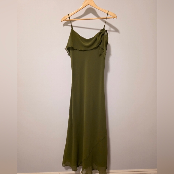 Aritzia Wilfred Cannelle Dark Green Chiffon Ruffle Midi Dress Size Large - Picture 6 of 8
